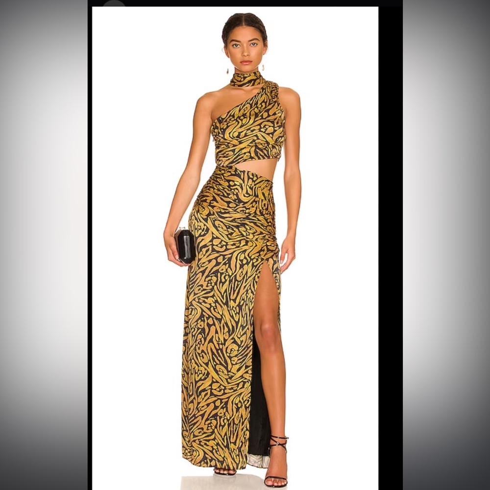 NICHOLAS Fynlee One Shoulder Gown in Abstract Leopard Seaweed
